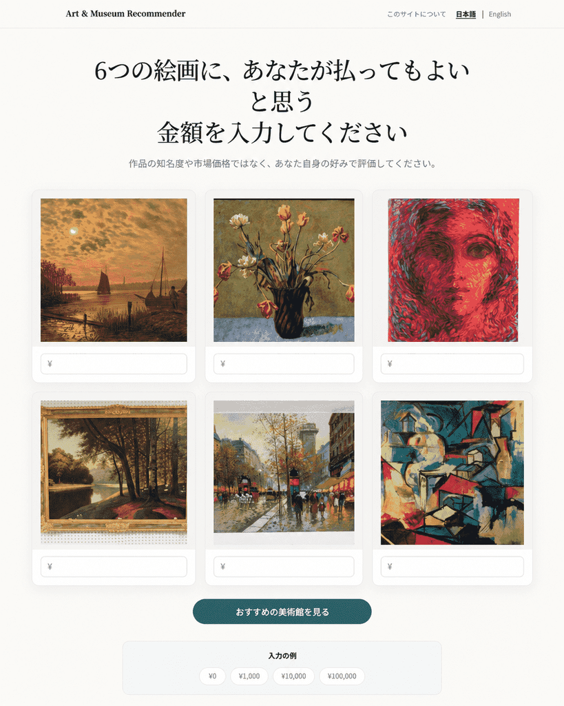 6点の絵画が並び、それぞれに支払ってもよい金額を入力できる絵画推薦ウェブサイトの画面